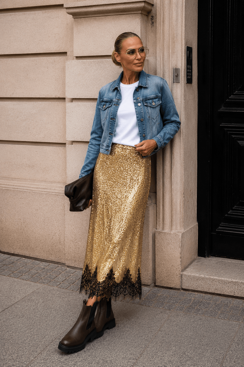 Frau trägt einen goldenen Paillettenrock mit schwarzer Spitze, weißem Shirt, Jeansjacke und braunen Boots.