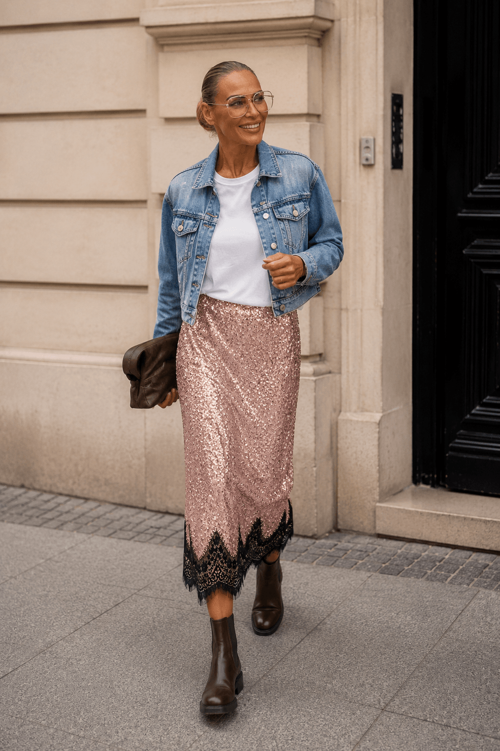 Frau trägt einen roséfarbenen Paillettenrock mit schwarzer Spitze, weißem Shirt, Jeansjacke und braunen Boots.