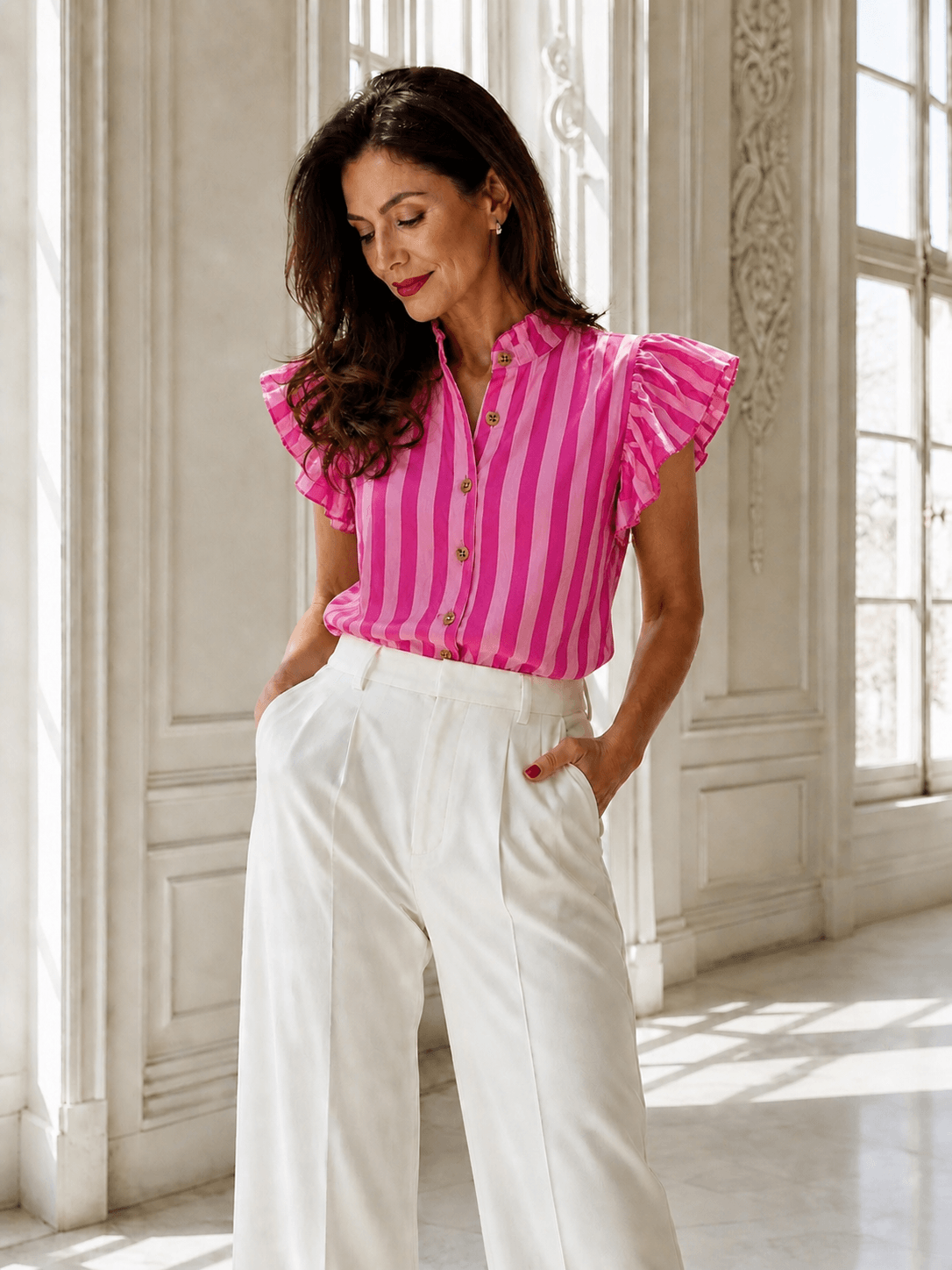 Detailreicher Look mit femininer Bluse in Pink und Rüschenärmeln für Sommer-Outfits