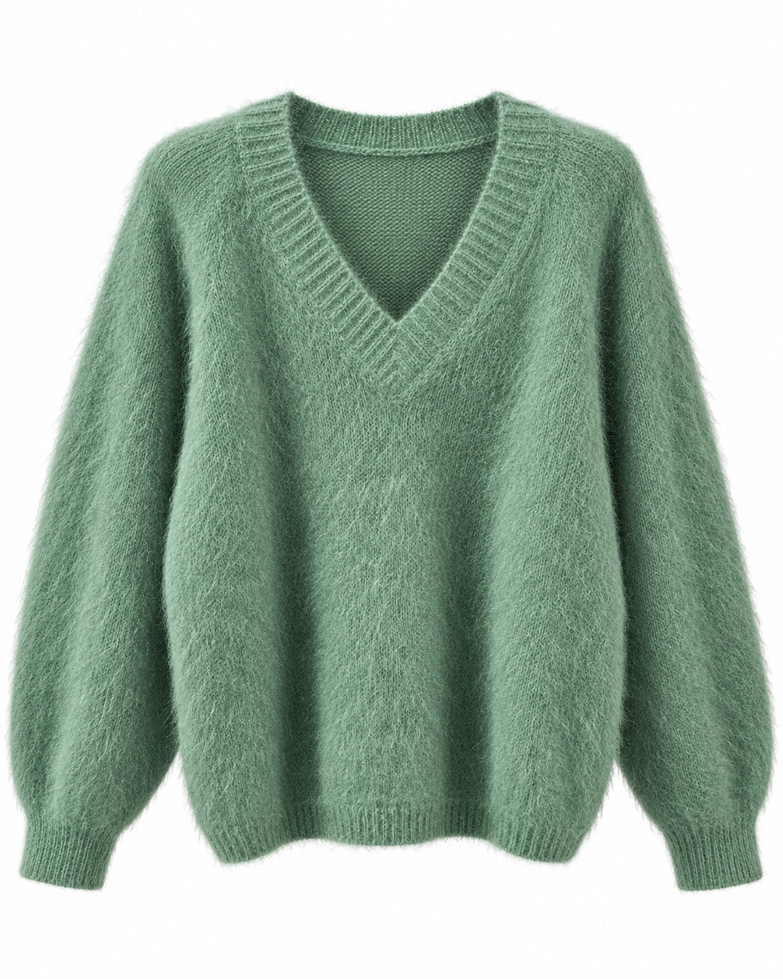 Salbeigrüner Kid Mohair Pullover mit V-Ausschnitt, Produktfoto
