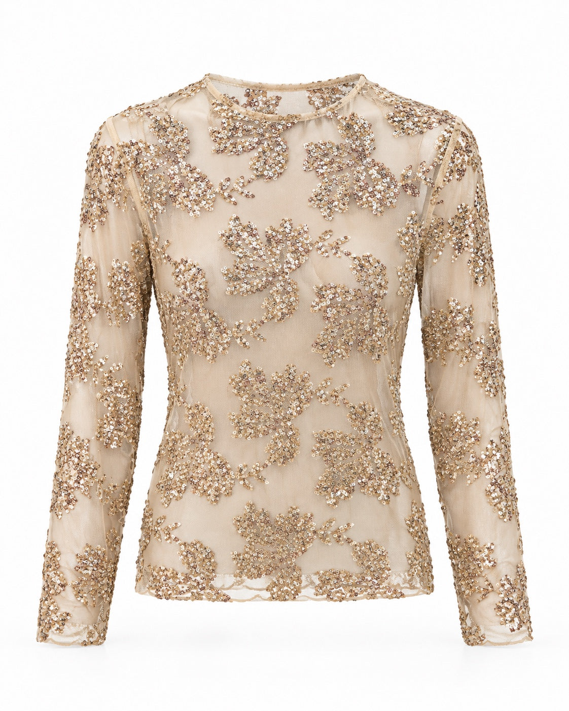 Beiges Mesh Top mit floralen Pailletten, Freisteller auf Weiß