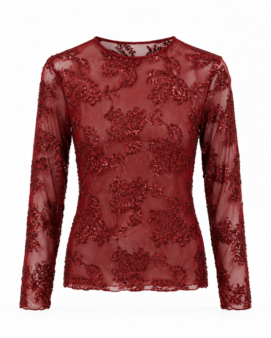Burgundy Mesh-Top mit floralen Pailletten, Freisteller