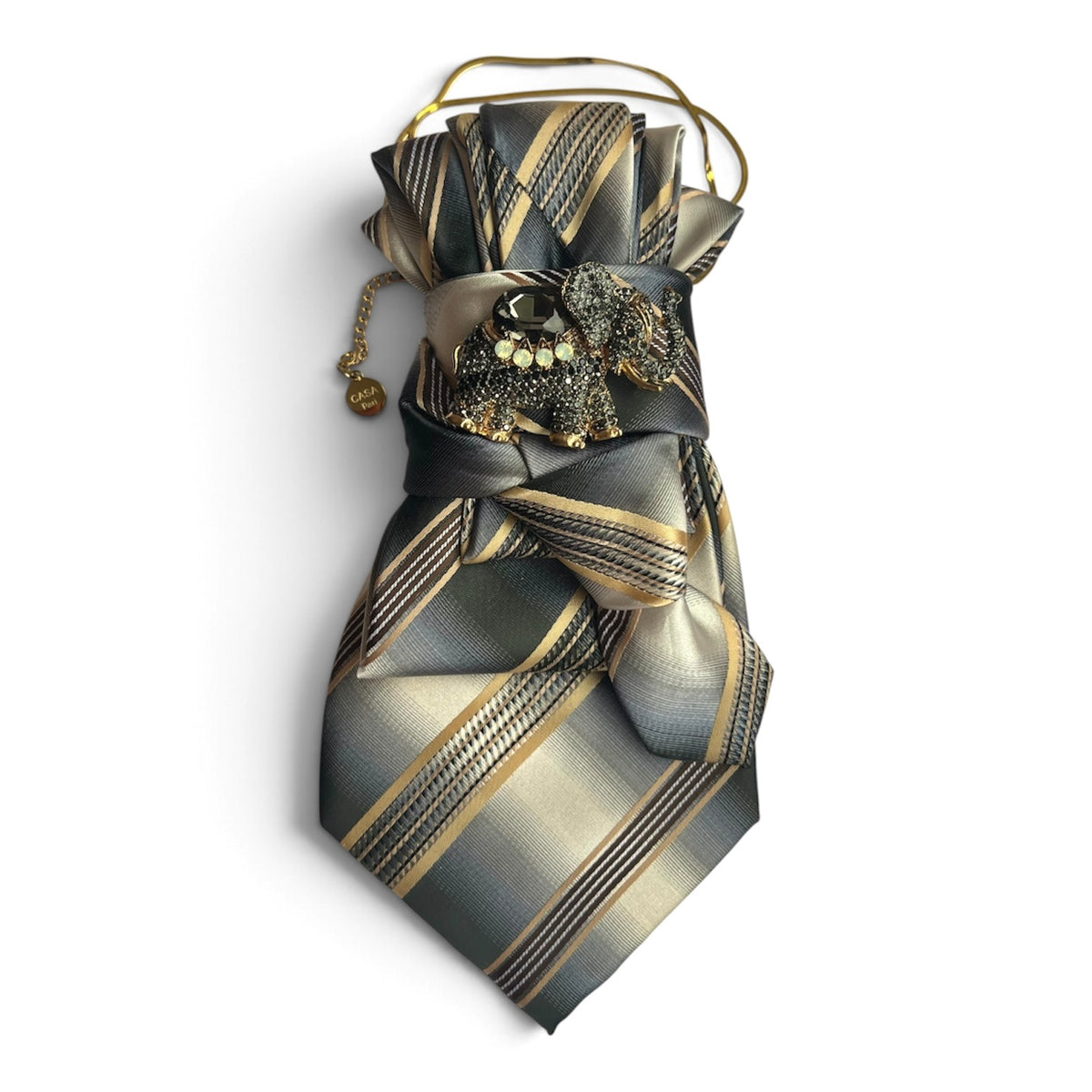 Grau-gold gestreifte Seidenkrawatte mit Elefantenbrosche – Silk Affair Golden Elephant