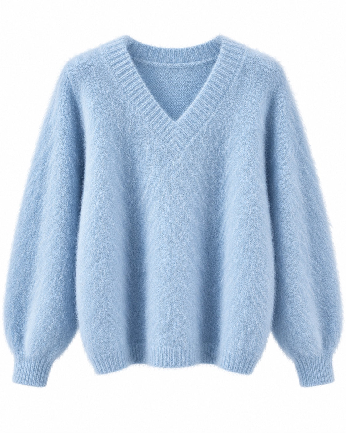Hellblauer Kid-Mohair-Pullover mit V-Ausschnitt und Rippbündchen