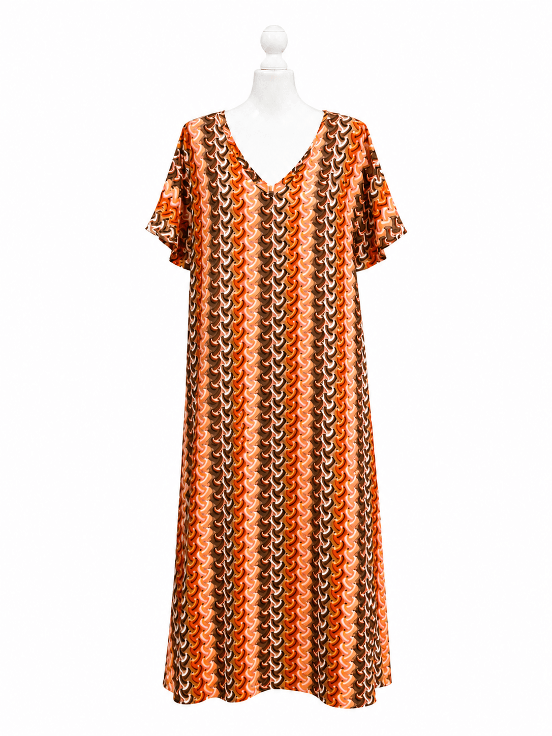 Win langes Sommerkleid mit grafischem Muster in Orange, Braun und Creme. Das locker fallende Kleid hat kurze Ärmel und eine fließende Silhouette.