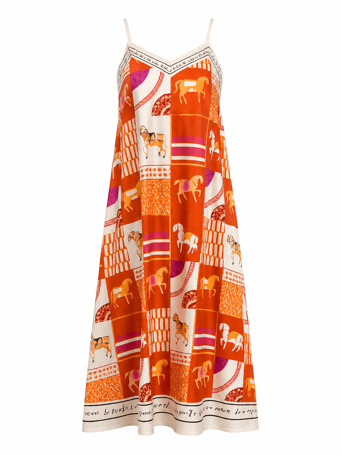 Oranges Sommerkleid mit schmalen Trägern und dekorativem Pferdeprint in Creme, Pink und Orange, locker fallend in Midilänge.