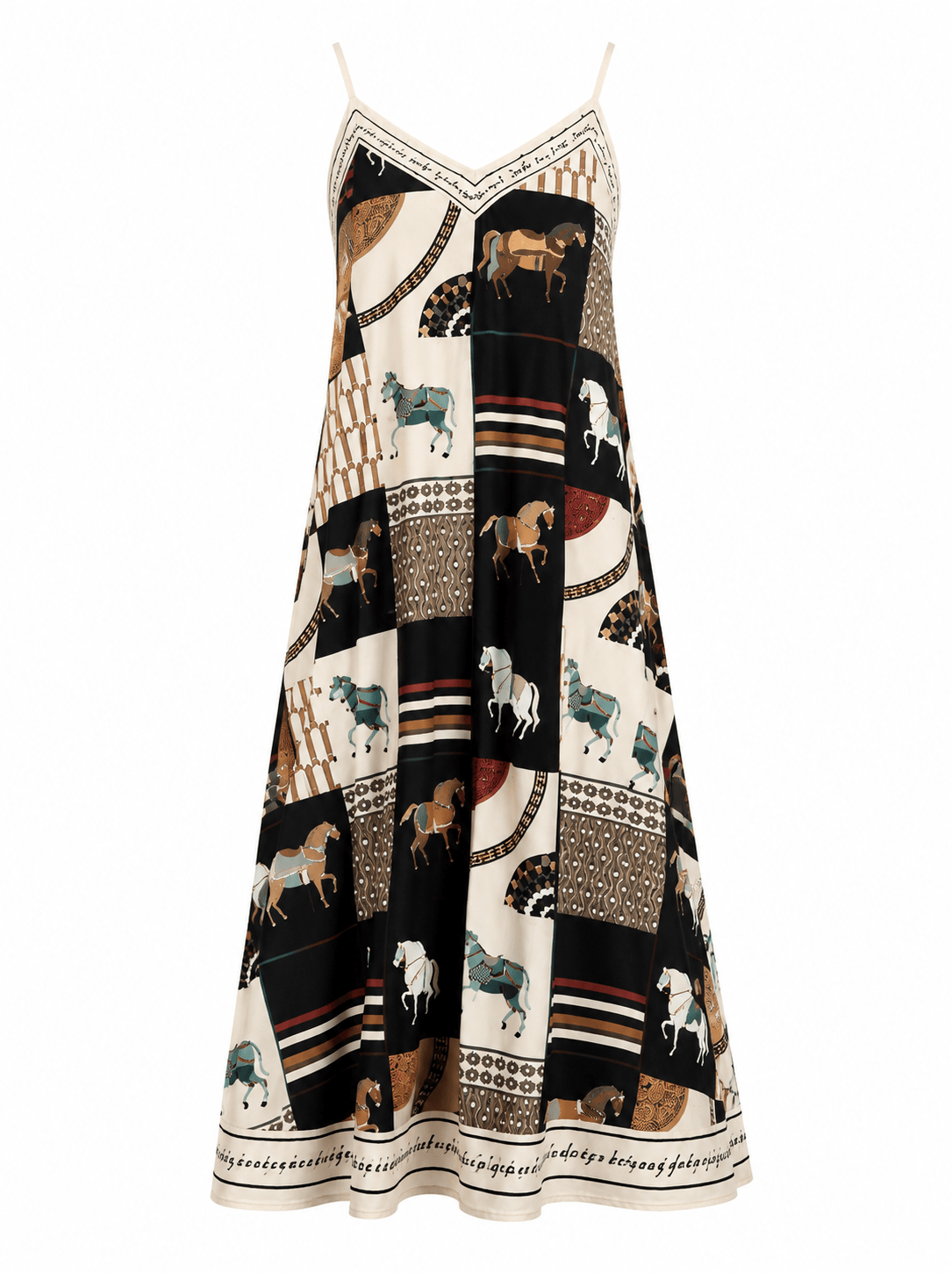Schwarzes Sommerkleid mit schmalen Trägern und grafischem Pferdeprint in Creme, Braun und Türkis, locker fallend mit weiter Silhouet