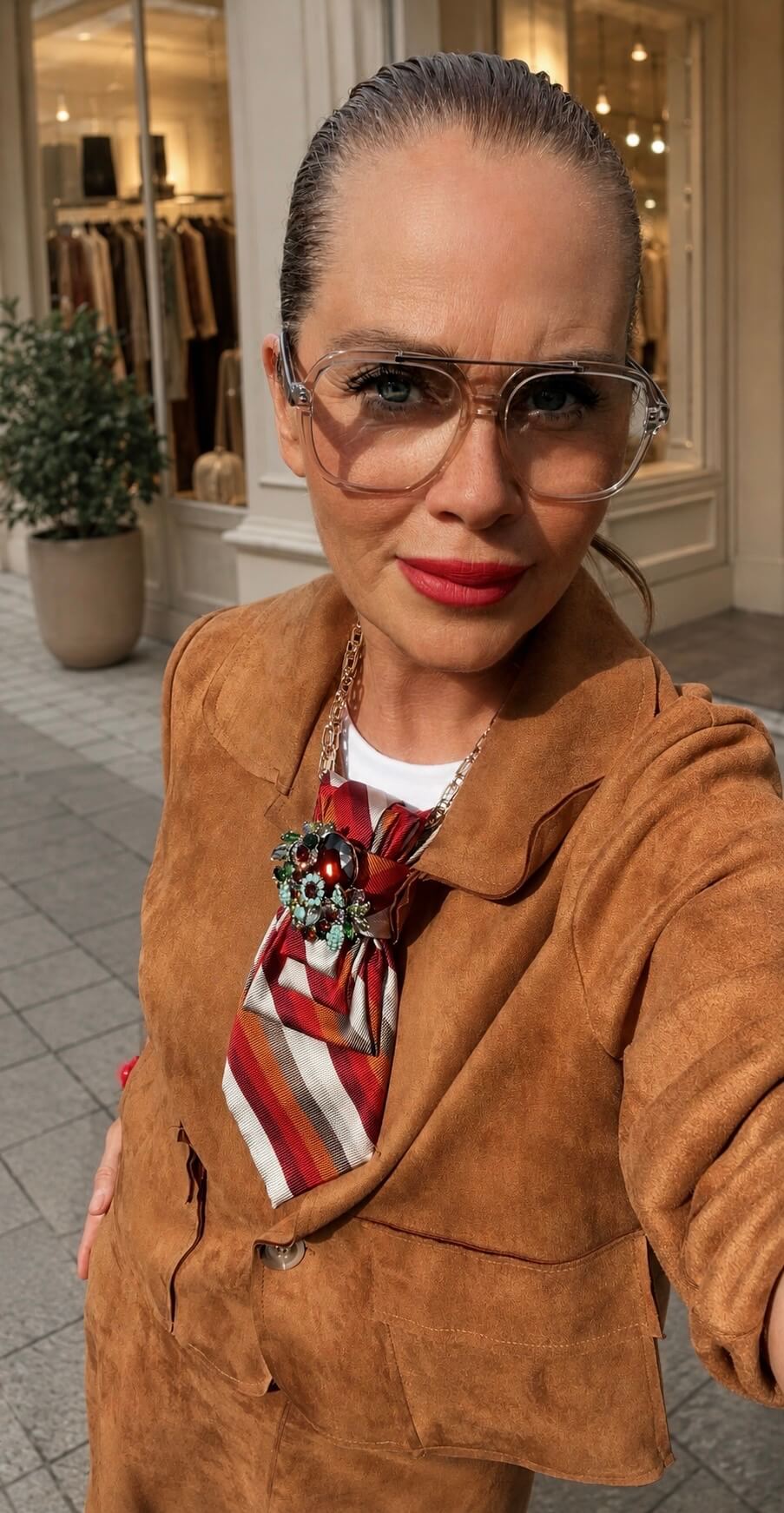 Statement-Krawatte aus Vintage-Seide mit Streifen in Rostrot, Creme und dunklen Akzenten sowie großer Schmuckbrosche
