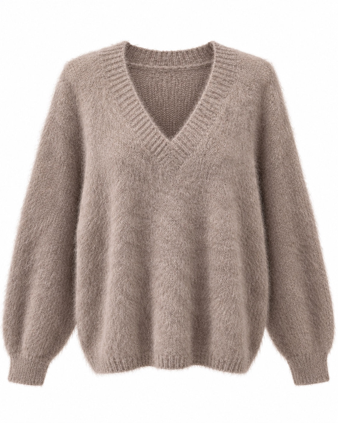 Taupefarbener Kid Mohair Pullover mit V-Ausschnitt, Originalfoto