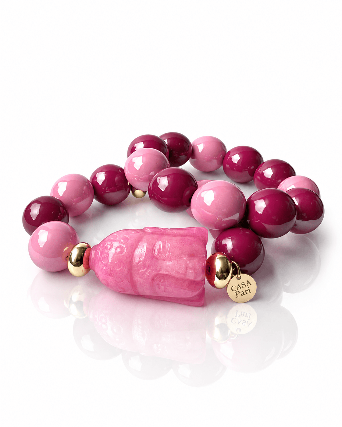 The Buddha Set Berry Candy mit großen Resinperlen in Pink und Beere, pinkfarbenem Jade-Buddha und goldfarbenen Details