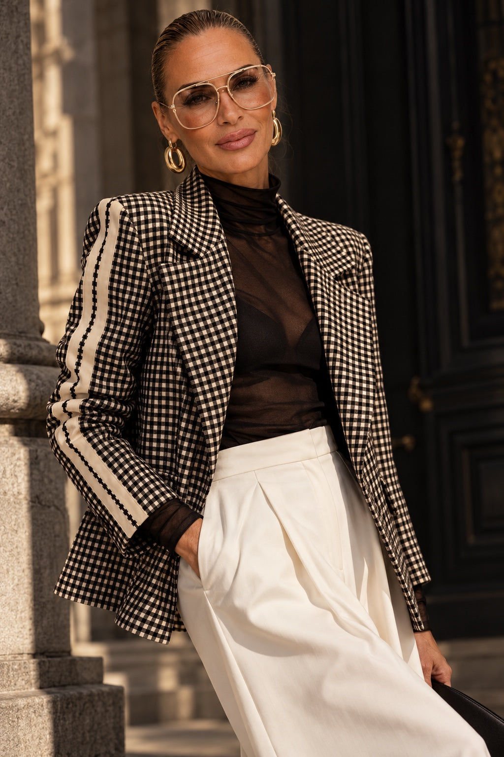 Glencheck Oversized Blazer in Schwarz und Beige mit Kontraststreifen an beiden Ärmeln, Originalprodukt