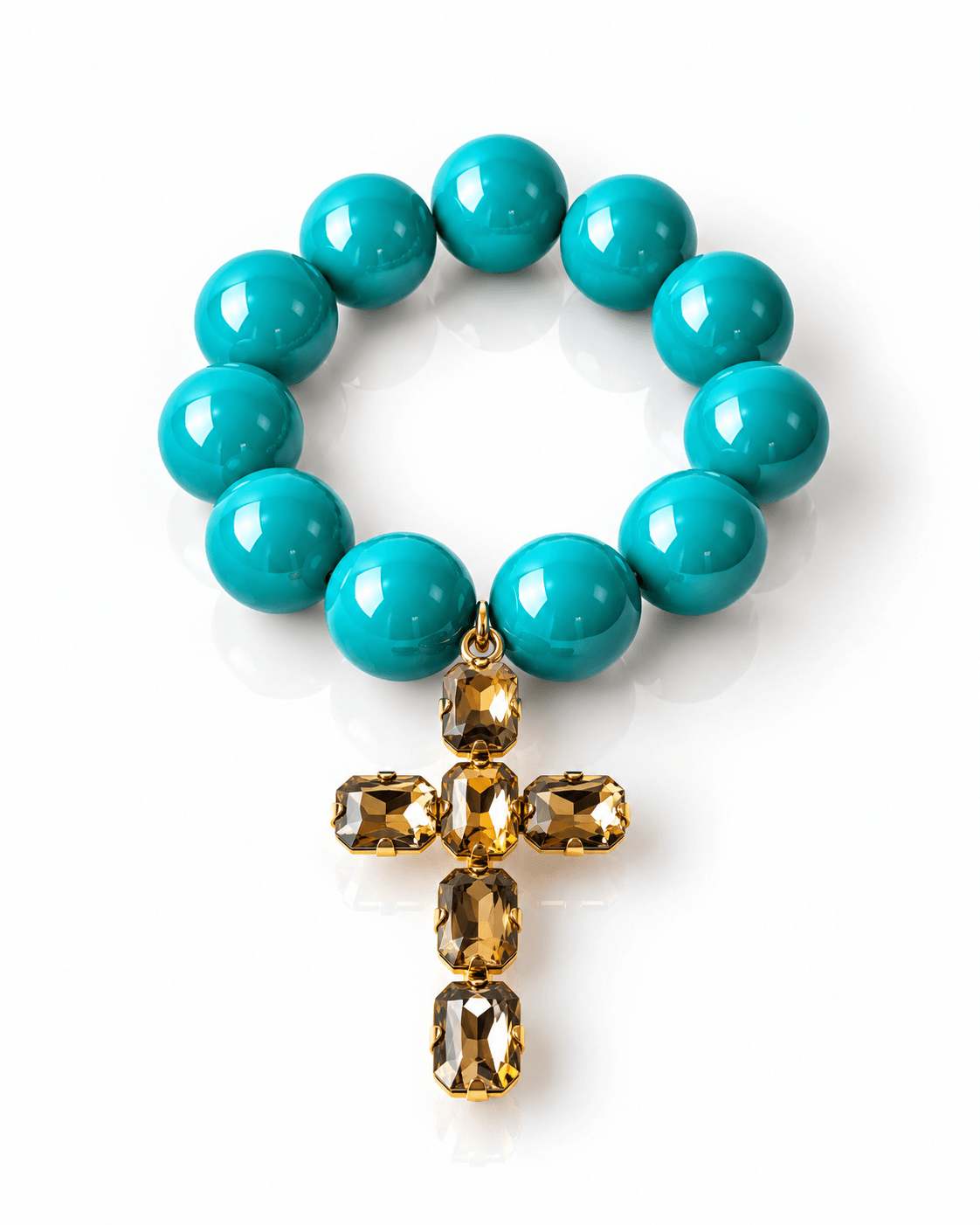 The Grand Cross Armband mit großen glänzenden türkisen Resin-Perlen und Kreuzanhänger mit facettierten Kristalsteinen