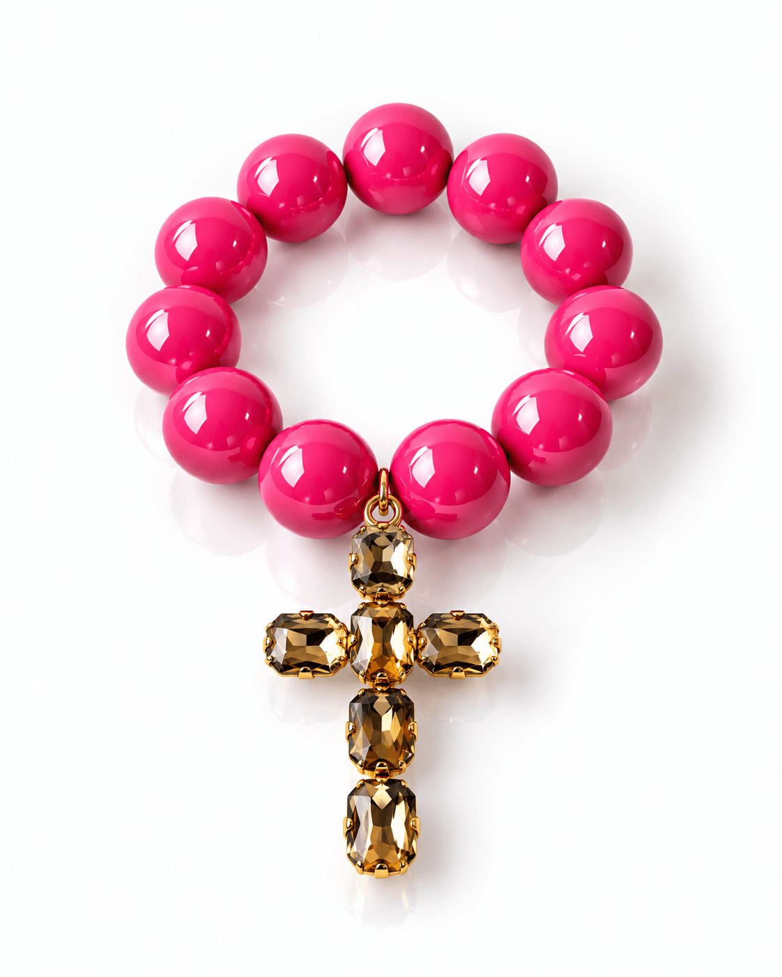 The Grand Cross Armband mit großen glänzenden pinken Resin-Perlen und Kreuzanhänger mit facettierten Kristalsteinen