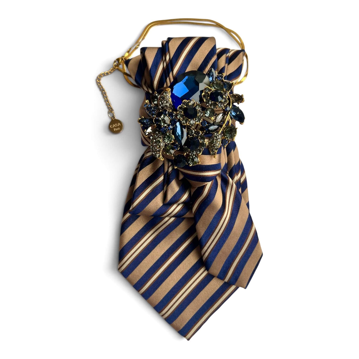 Vintage-Krawatte Café Society in Camel, Navy und Creme mit Streifen und opulentem blauem Schmuckdetail