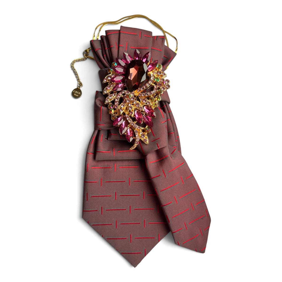 Vintage-Krawatte Cherry Truffle in Schokobraun mit roten Linien und opulentem Schmuckbesatz in Rot, Pink und Gold