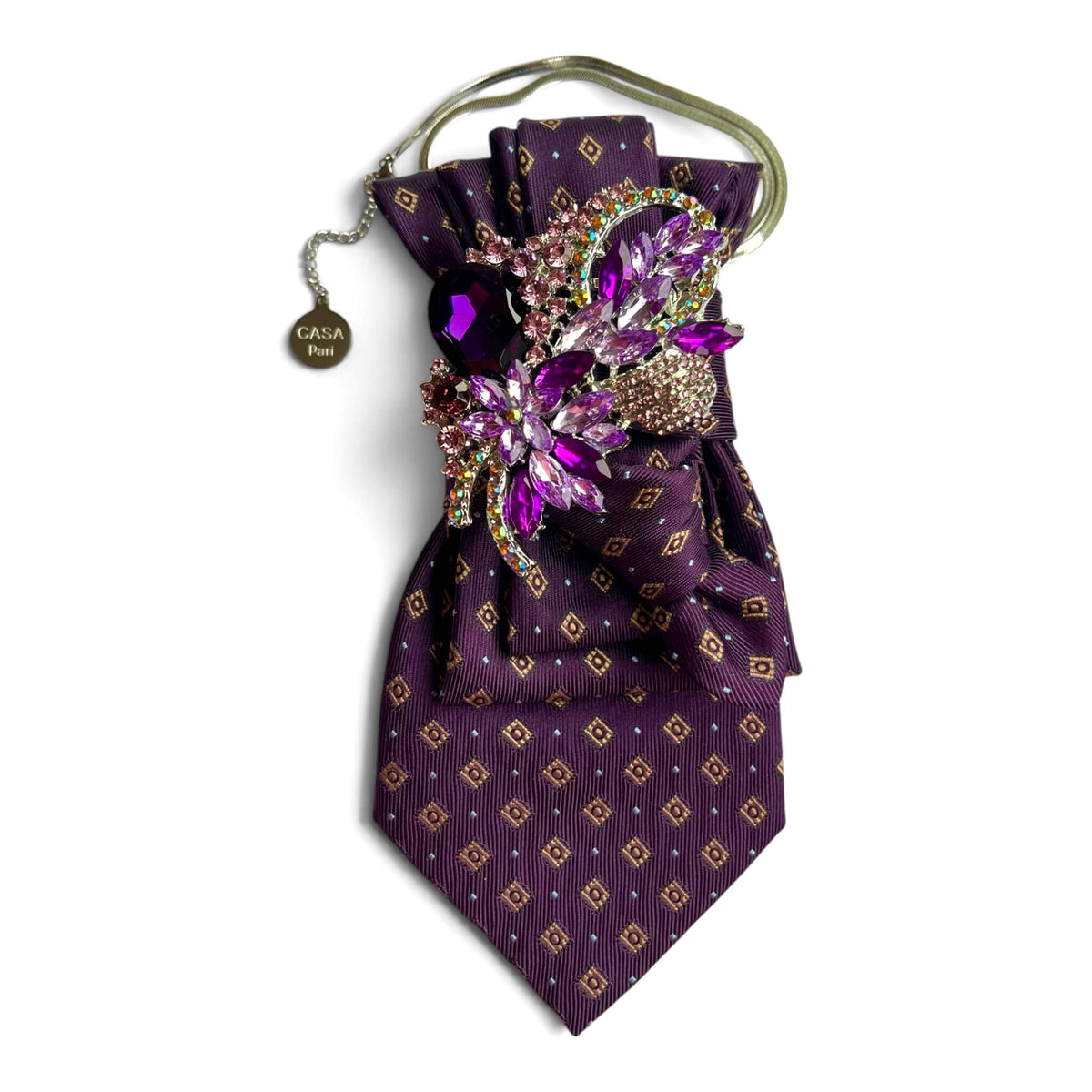 Vintage-Krawatte Plum Confetti in Aubergine mit kleinem goldfarbenem Muster und opulentem Schmuckbesatz in Violett und Rosa